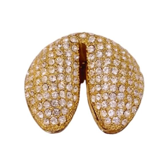 Gold Tone Rhinestone Bling Fortune Cookie Hinged Pill Trinket Box Blue Interior - Picture 1 of 6